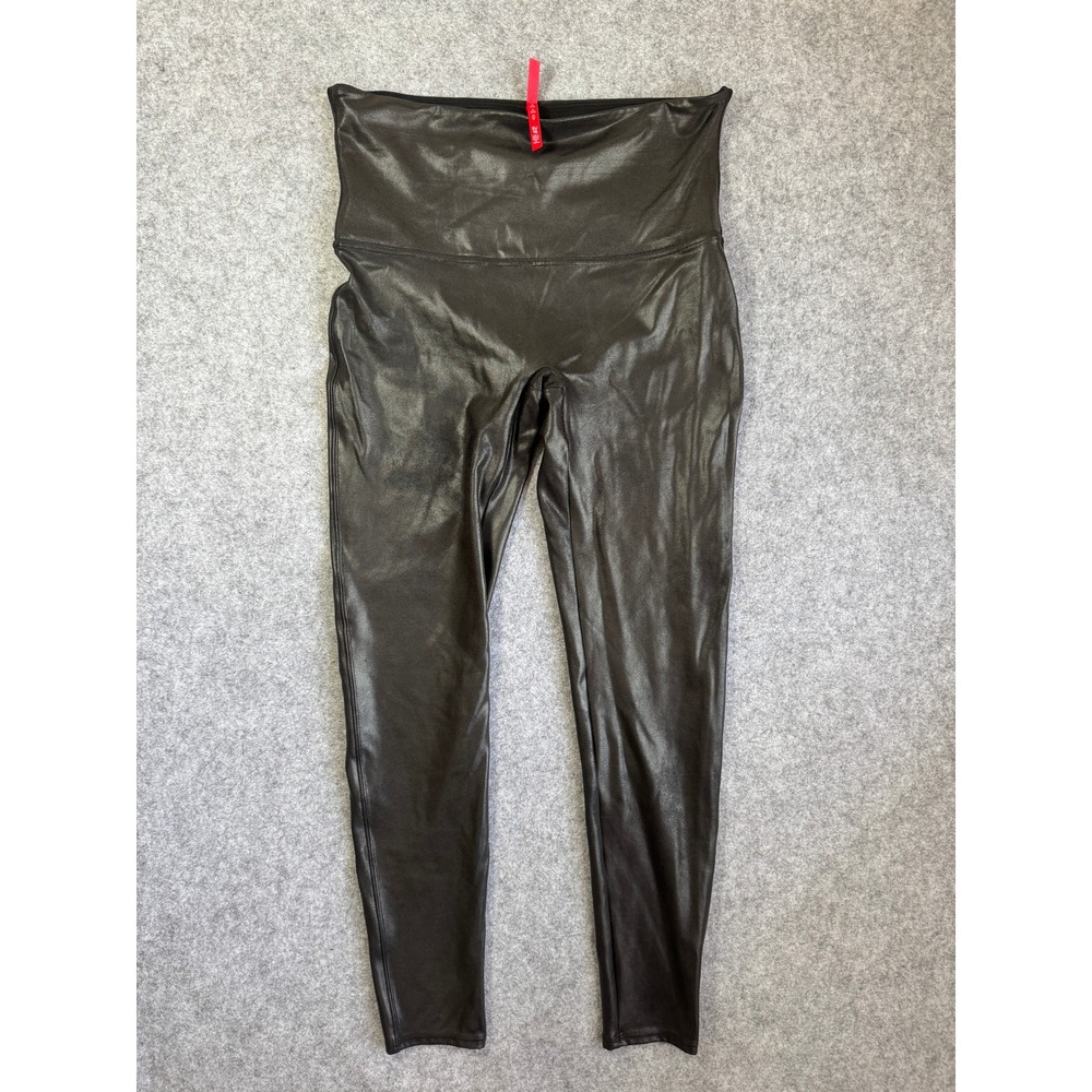 Spanx Women Faux Leather Leggings XL Black Solid High Waisted Stretch